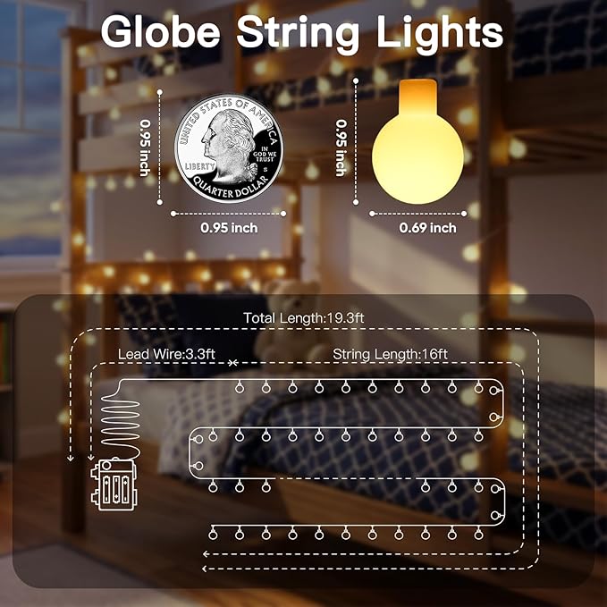 suddus 50 LED Globe String Lights Battery Operated with Remote Warm White | Hanging Fairy Lights With Timer,String Lights for Bedroom for Bedroom, Dorm, Classroom Christmas,Indoor,Outdoor Decor