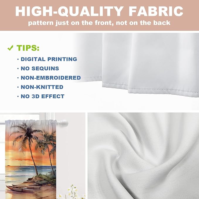 Shrahala Sunset Beach Blackout Curtain Tiers, Tropical Seaside Scene Kitchen Valance Light Blocking Tier Drapes with Rod Pocket, 2 Pack 26 X 36 in