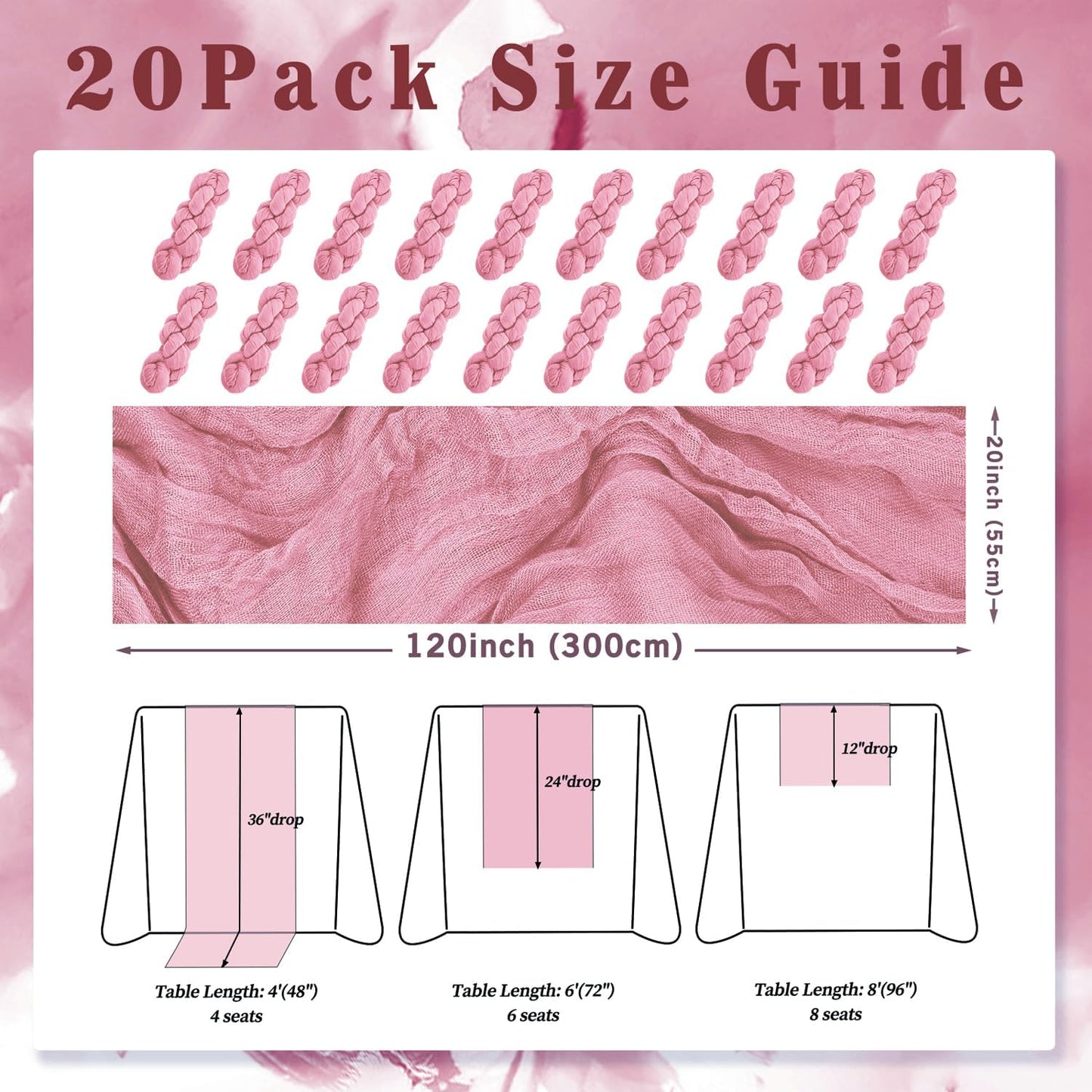 20 Pack Dusty Rose 10FT Cheesecloth Table Runner 20 x 120 Inch Long Rustic Gauze Fabric Cheese Cloth Table Runner for Wedding Bridal Baby Shower Table Decorations Boho Sheer Birthday Party Table Decor