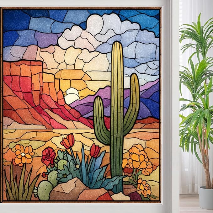 Colorful Desert Stained Glass Window Film, Artistic Cactus Landscape Peel and Stick Privacy Film, Frosted Adhesive Vinyl Decorative for Bathroom Windows Glass Doors, 19.7Wx31.5L inch