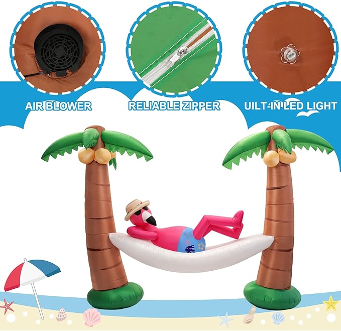 Summer Inflatable Outdoor Decor Flamingo in Hammock with Palm Trees 5 ft LED Lighted Inflatable Palm Trees Blow up Flamingo for Luau Hawaiian Tropical Jungle Party Pool Beach Yard Lawn Decoration