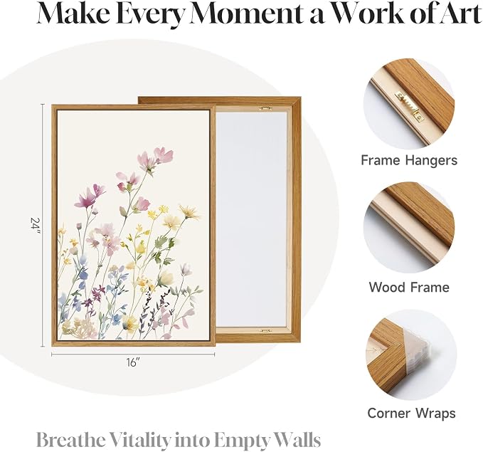 3 Piece Framed Watercolor Floral Canvas Wall Art for Bedroom, Large Botanical Wildflower Picture Prints Paintings, Pastel Farmhouse Flower Artwork Decor for Living Room Nursery Hallway 16x24 Inch