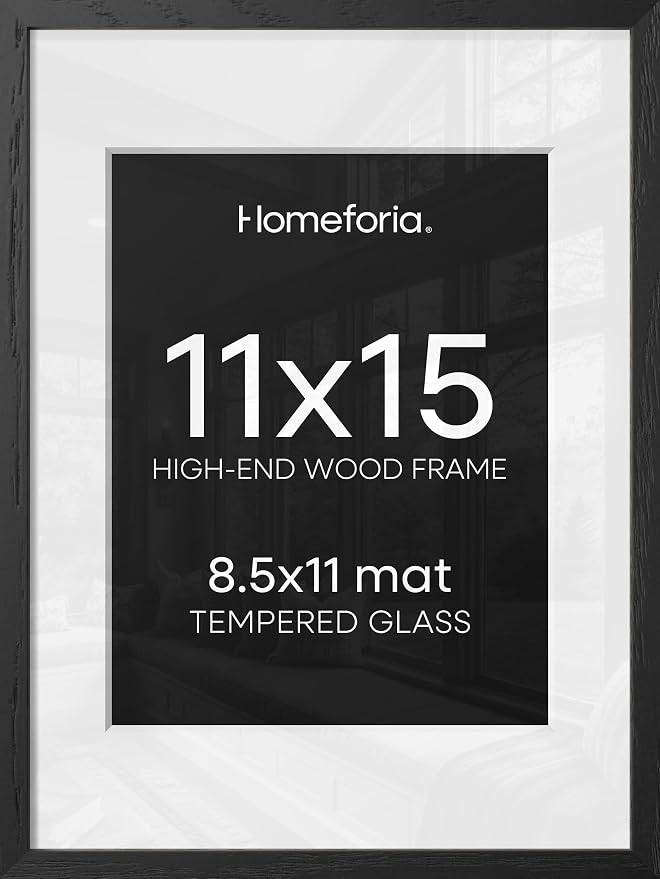 Homeforia 11x15 Picture Frame Black Wood, High End Oak 11x15 Poster Frames with Mat 8.5x11, 11 x 15 Wooden Frames Matted to 8.5 x 11 inch Photo, 15x11 Hanging Frame, Tempered Glass, Wall Kit, Set of 2