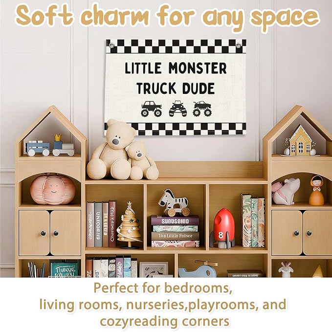 RTXLEZM Little Monster Truck Dude Room Decor, Kids Room Decor | Monster Truck Car Wall Canvas Banner Hanging,Checkered for Toddler Playroom Kids Room Nursery Boys Toy Room Bedroom 20x30