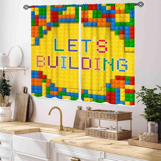 Building Blocks Curtains for Boys Room, Abstract Colorful Plastic Building Brick Blocks Geometric Printed Pattern Yellow Window Drapes for Kids Baby Bedroom Living Room, 55x39 Inch