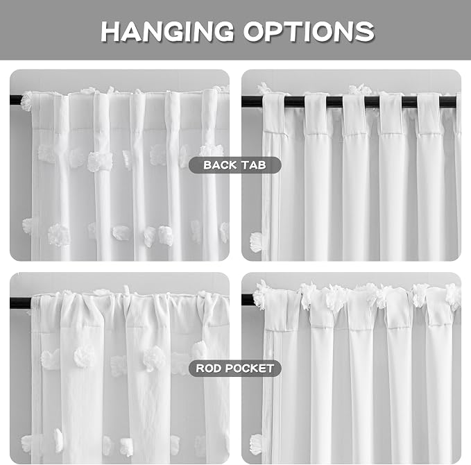 MYSKY HOME White Curtains for Bedroom 72 Inch Long Double Layer Nursery Curtain for Kids Room Kithen White Pom Pom Sheer Back Tab Light Filtering Privacy Protect Window Drapes 2 Panels, 52 x 72 Inch