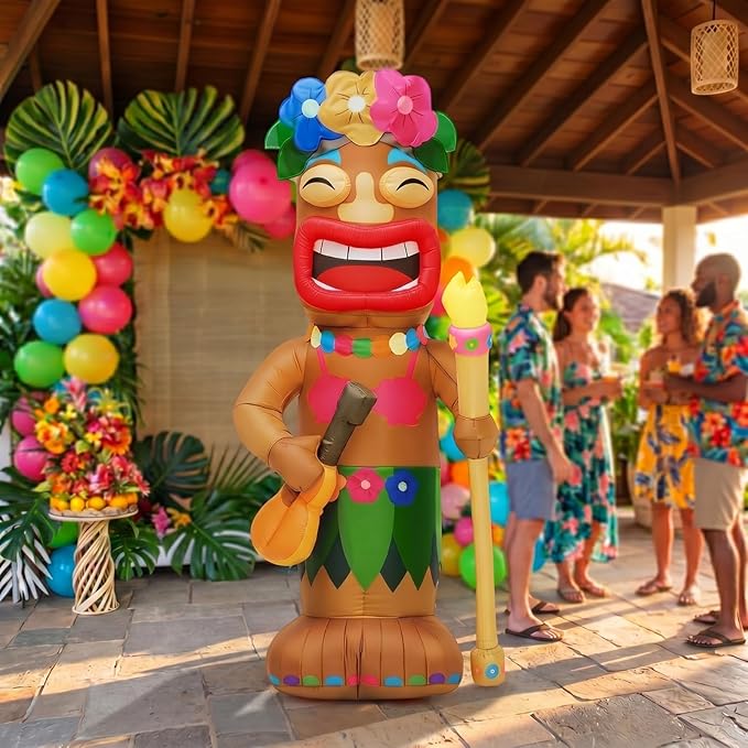 Shappy 5 ft Tiki Inflatable Surfboard for Luau Hawaiian Party Decorations Summer Inflatables Outdoor Built-in LED Blow up Tiki Beach Tropical Aloha Bar Beach Pool Surfing Yard Party Decorations