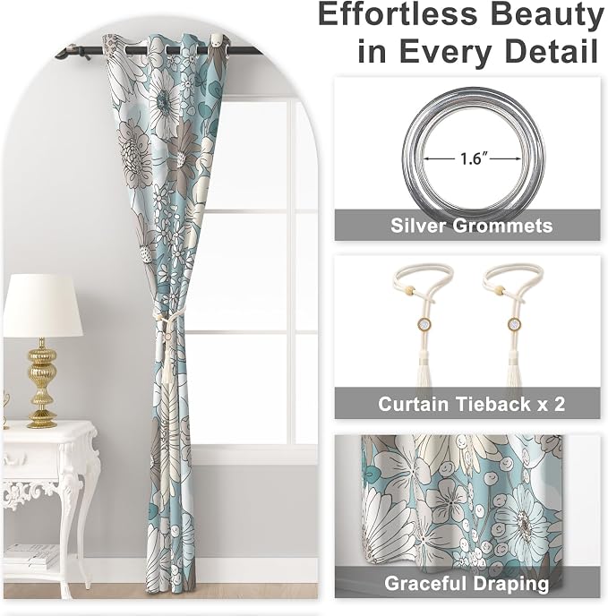 Boho Blackout Curtains for Bedroom and Living Room, Black Out Curtains 84 Inch Long 2 Panels Set with Rope Tassels Curtain Tiebacks, Floral Patterned Grommet Thermal Insulated Room Darkening Drapes
