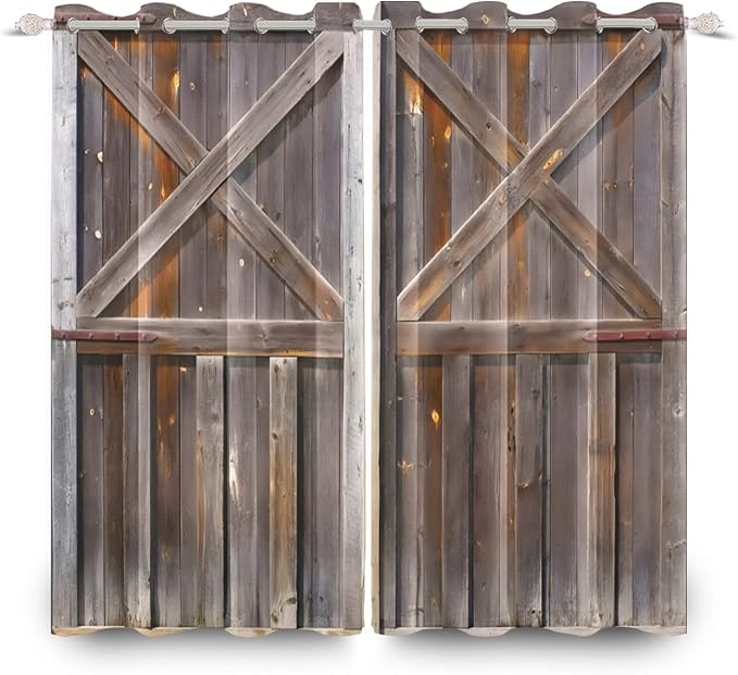 Rustic Wooden Curtains Vintage Wood Barn Door Window Curtains Old Garage Door American Native Country Farmhouse Rural Farm Style Living Room Window Drapes Treatment,42x96 inch,2 Panels