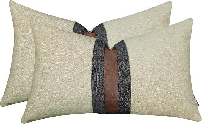 Set of 2 Leather Throw Pillow Covers Lumbar Cotton Linen Decor Patchwork Pillow Cover Faux Leather Pillows Cover for Couch Sofa Living Room Bedroom,Beige Yellow 12"x20"