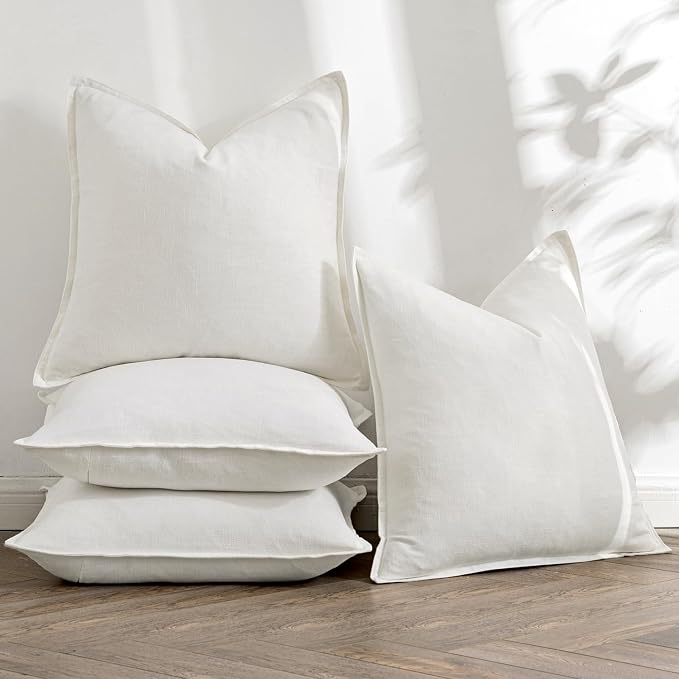 MIULEE Cream Boho Linen Decorative Pillow Covers 18x18 Inch Pack of 4 | Natural Throw Pillow Covers Soft Farmhouse Couch Pillowcases Modern Home Decors for Living Room Bed Sofa