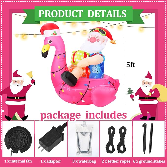 Hawaiian Christmas Santa on Flamingo Inflatable Decoration 5ft Tropical Santa Blow up Beach Christmas Inflatable Outdoor Decor with LED Light Xmas Flamingo Pool Floating for Outside Holiday Garden