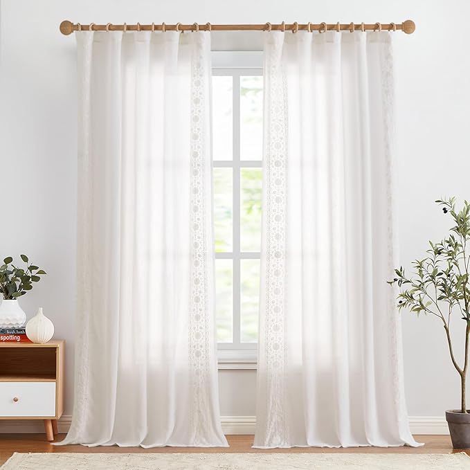 jinchan Weslie White Linen Curtains for Bedroom Vintage Floral Farmhouse Curtains 108 Inches Long Linen Drapes for Living Room Country Embroidered Extra Long Light Filtering Drapes Off White 2 Panels