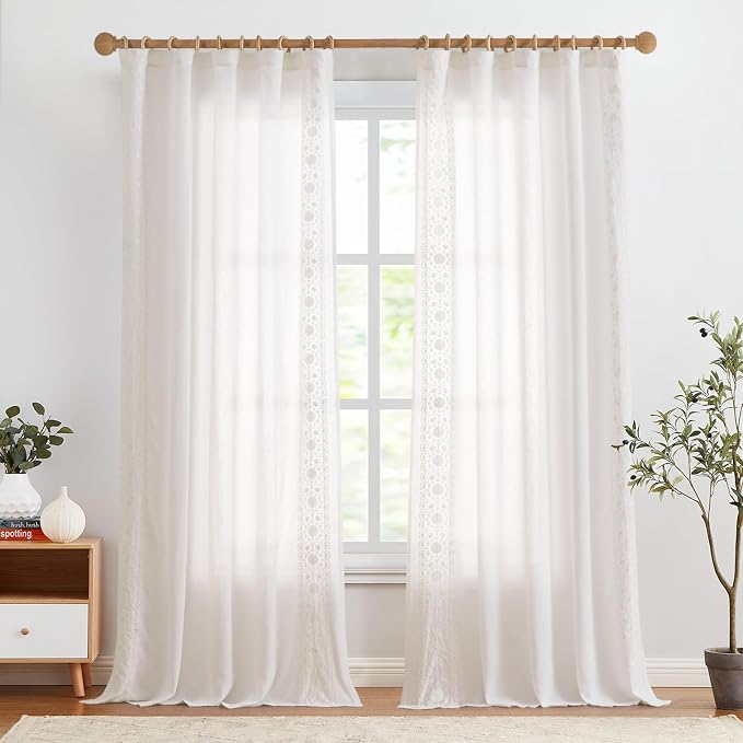jinchan Weslie White Linen Curtains for Bedroom Vintage Floral Farmhouse Curtains 96 Inches Long Linen Drapes for Living Room Embroidered Light Filtering Drapes Rustic Cottagecore Off White 2 Panels