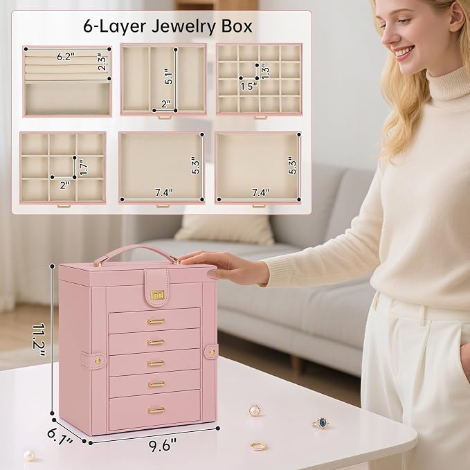 AKOZLIN 6-Tier Jewelry Box Organizer Functional 5 Drawers Leather Jewelry Storage Case for Women Girls Ring Necklace Earring Bracelet Holder Organizer with Mirror Medium Pink
