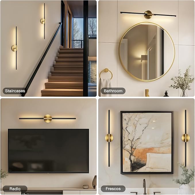Battery Operated Wall Sconces Set of Two 360° Rotate Wireless Rechargeable Light Dimmable with Remote - Black Gold Modern Sconces Cordless Magnetic Wall Decor for Home Bedroom Timer 31.5 in