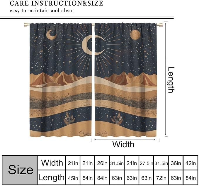 Sun Moon Blackout Curtains, Abstract Mid Century Desert Mountains Sun Moon Boho Landscape Window Drapes, for Bedroom Living Room 42" W X 63" L
