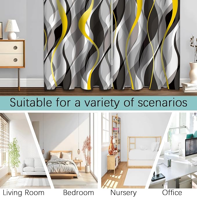 iTapnoom Black Gray Striped Blackout Curtain, Yellow White Abstract Ombre Window Curtains Darkening Thermal Insulated Window Drapes for Living Room Bedroom Decor 2 Panels 52x84 Inches