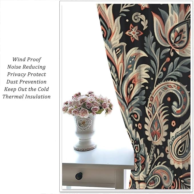 Vintage Floral Blackout Curtains, Bohemian-Style Natural Botanical Paisley Pattern Window Treatments for Bedrooms, Living Rooms, and Offices63X63 Inch