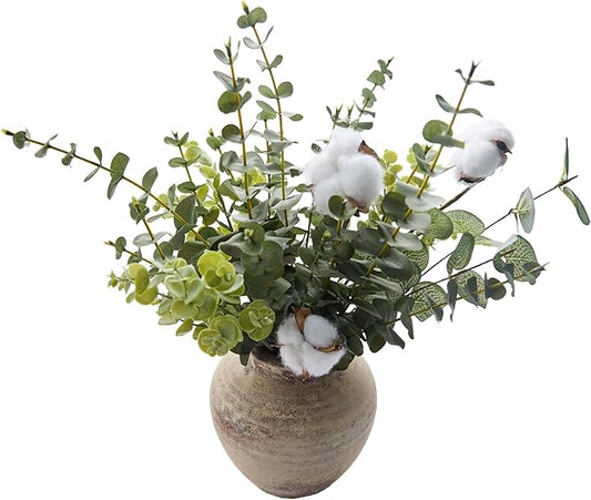 15'' Artificial Eucalyptus and Cotton Stems with Vintage Ceramic Vase Real Looking Faux Greenery Arrangement Fake Plant Decor for Entryway Table Shelf Living Room Farmhouse Style