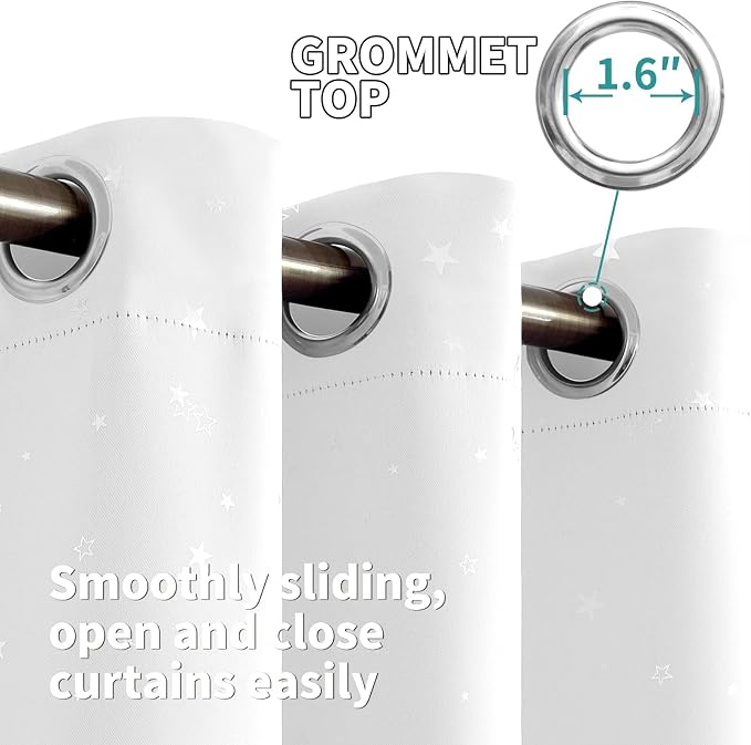 BGment Kids Blackout Curtains for Bedroom - Grommet Thermal Insulated Silver Star Print Room Darkening Curtains for Living Room, Set of 2 Panels (42 x 84 Inch, White)