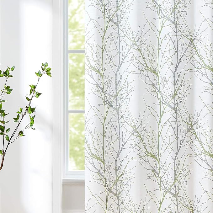 FMFUNCTEX Green White Sliding Glass Door Curtain 84 Inches Long Grey Branch Print Patio Door Panel Tree Semi Sheer Curtains Linen Window Drapes 100 inch Wide Room Divider Curtains 1 Panel Grommet Top