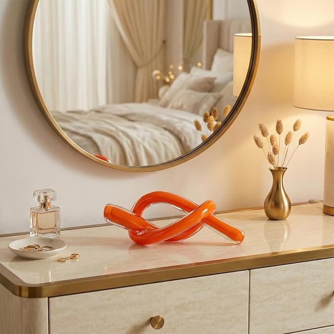LCCCK Orange Abstract Glass Knot Sculpture, Hand Blown Glass Decor for Coffee Table TV Cabinet, Shelf or Mantel Accent, Modern Knot Art for Coastal Living Room Tabletop Knick Knacks