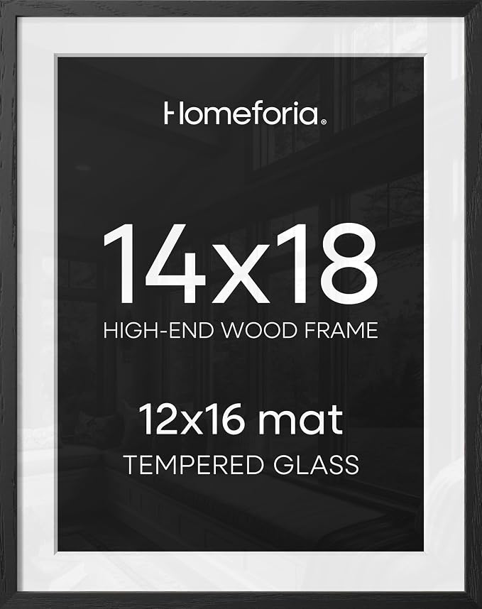 Homeforia 14x18 Picture Frame Black Wood, High End Oak 14x18 Poster Frames with Mat 12x16 Photo, 14 x 18 Wooden Frame Matted to 12 by 16 Print, 18x14 Hanging Frames, Tempered Glass, Wall Kit, Set of 2