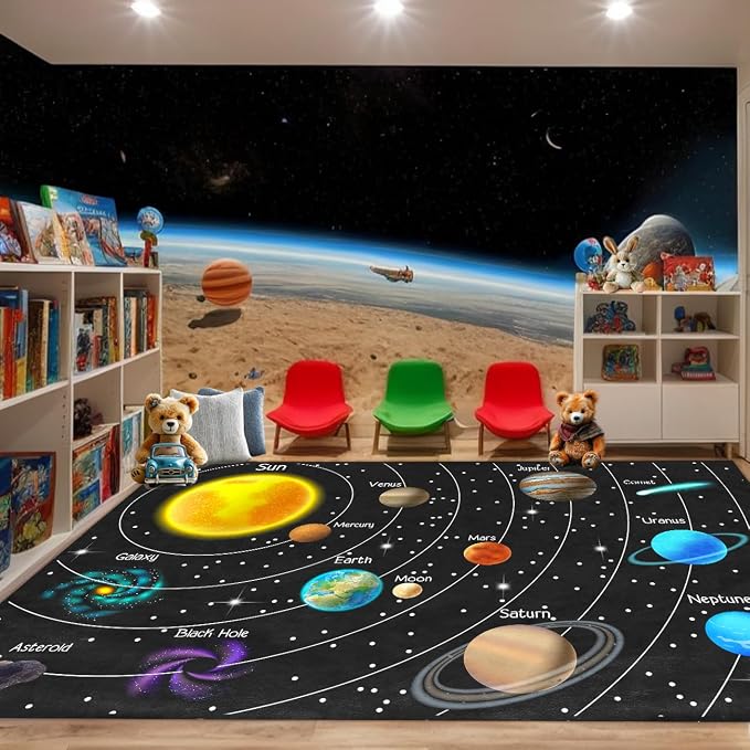 Space Rug for Boys Room - 9x12 Feet Space Rug Solar System Planet Theme Carpet Decor for Playroom Educational Learning for Classroom Deco