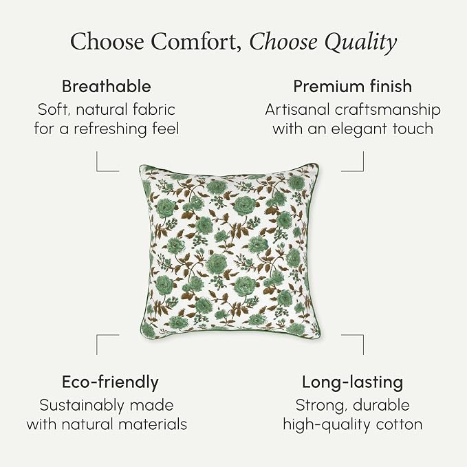 CPC 100% Cotton Throw Pillow Covers 18x18 Inch, Set of 2 Green Block Print Pattern Couch Pillow, Cute Boho Decorative Pillows for Living Room, Bedroom with Hidden Zipper- Moss Green