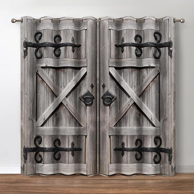 Jekeno Retro Wood Door Blackout Curtains Vintage Rustic Ancient Forged Door Pattern Privacy Drapes Decor Bedroom Apartment Living Room Darkening Grommet Window Treatments 2 Panels Set, 52x84 Inch