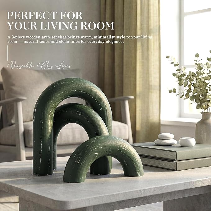 EOSAHR Pine Wooden Arch Decor Set for Green Boho Decor - Decorative Objects for Coffee Table, Side & Bookshelf - Minimalist Wood Sculpture for Table Decoration (Green)