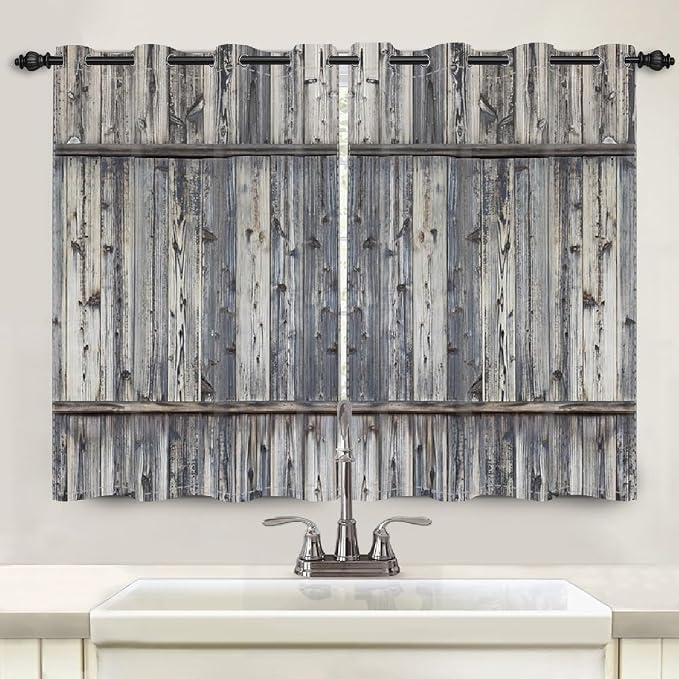 Wooden Barn Doors Kitchen Curtains,Wood Planks Rustic Farm Farmhouse Window Curtains Country Retro Western Vintage Grey Window Curtain Treatments Bedroom Living Room Decor,53x63 inch,2 Panels