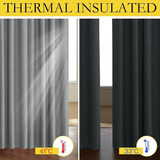 NICETOWN Vintage Open Linen Weave Flax Thermal Curtains, Dove Grey, 34" Wide Per Panel, Set of 2, 100% Blackout Curtains 60" Long for Dining Room, Soundproof Window Treatment Drapes for Cupboard
