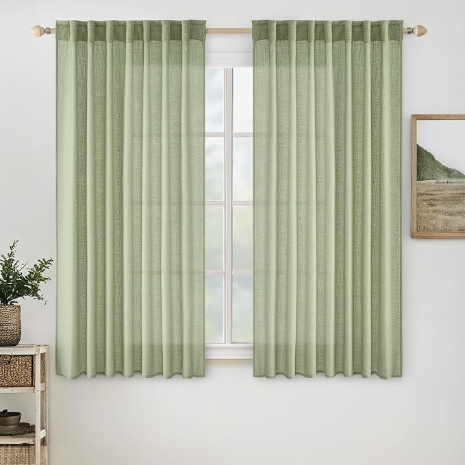 MIULEE Sage Green Short Linen Curtains 45 Inch Length 2 Panels for Kitchen Bedroom Bathroom, Soft Thick Linen Textured Basement Window Drapes Semi Sheer Light Filtering Back Tab Burlap Look Decor
