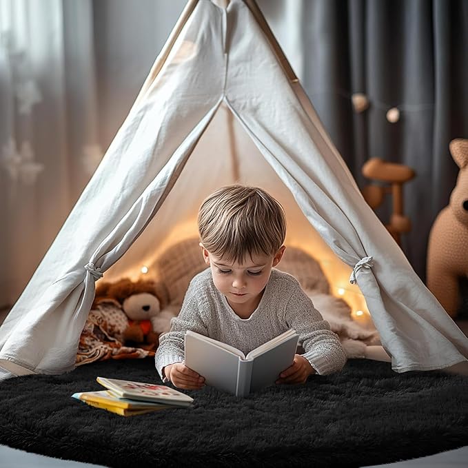CAIYUECS Black Round Rug for Bedroom 5x5Feet: Soft and Fluffy Area Rug for Boys Bedroom- Black Oval Furry Plush Rug for Kids Room, Nursery, 5ft