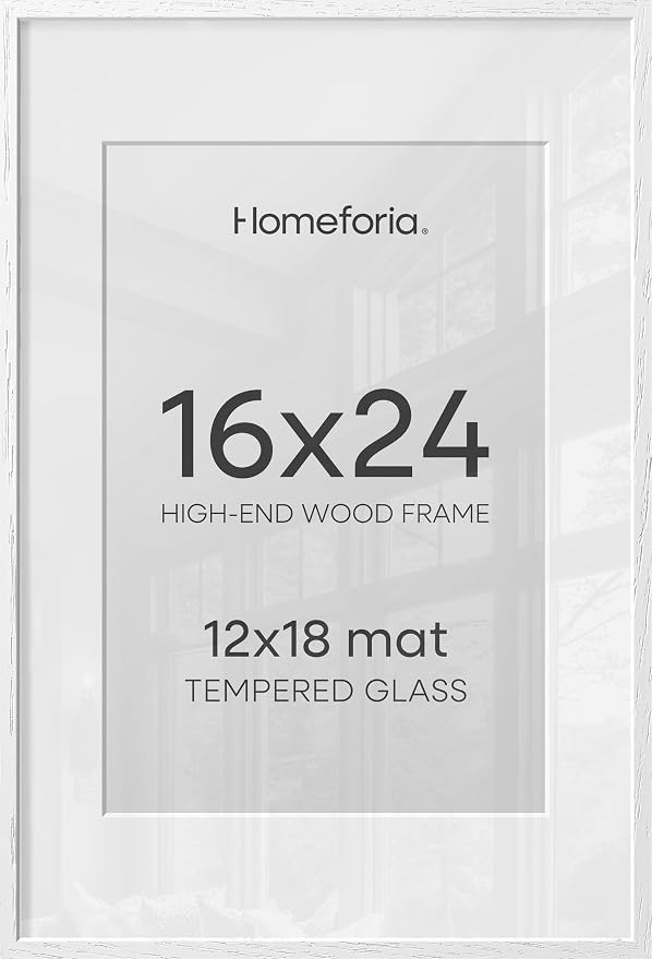 Homeforia White Picture Frame 16x24, High End Oak White 16x24 Frame with Mat 12x18 Photo, 16 x 24 Wooden Poster Frames Matted to 12 by 18, 24x16 Wood Hanging Frames, Tempered Glass, Wall Kit, Set of 3