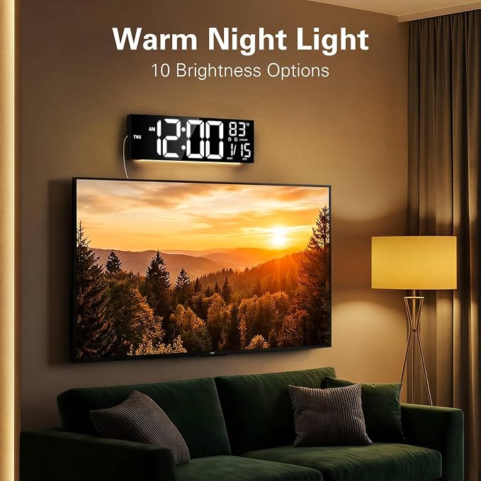 JALL 16" Large Digital Wall Mount Clock, Count Down Timer, Alarm, Big LED, RGB Color, DST, Temperature for Living Room Classroom Desk, Xmas, Birthday Gift for Senior Mom Dad (Black, 16 inches)
