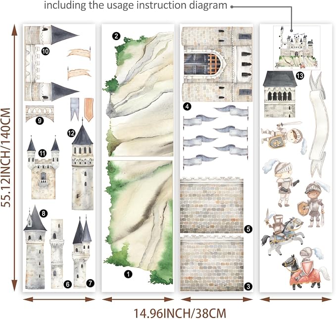 Large Watercolor Wall Decals Peel and Stick, Self Adhesive Vintage Wall Stickers for Kids Bedroom Playroom Nursery Room Wall Art Decor Decal, Knight Assembled Castle Wall Mural
