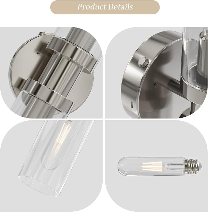 Rayogale Nickel Wireless Battery Operated Wall Sconce with Remote Control | Dimmable Rechargeable Wall Lights Set of 2, Timer, No Hardwire, Touch Control, 8000mAh, 3000K, Glass, Emergency, 16.5 Inch