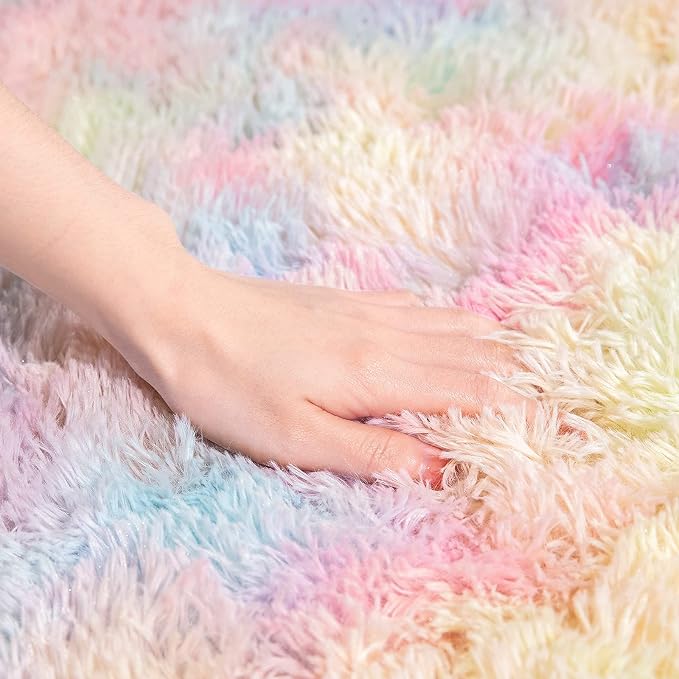 AROGAN Soft Rainbow Area Rugs for Girls Room 4x6 Feet, Fluffy Girls Bedroom Rugs, Princess Rug, Cute Colorful Carpet for Kids Teens Nursery Toddler, Pink