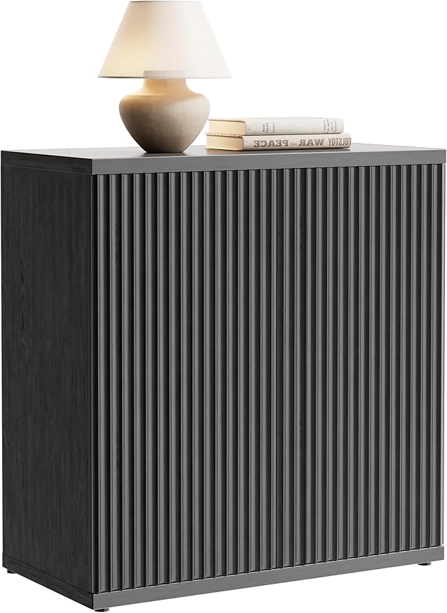 Fluted Buffet Cabinet Sideboard with Storage, Modern Black Credenza Cabinet with 2 Doors & Adjustable Shelf, 15" Deep Wood Accent Cabinet for Dining Room, Living Room, Entryway & Kitchen