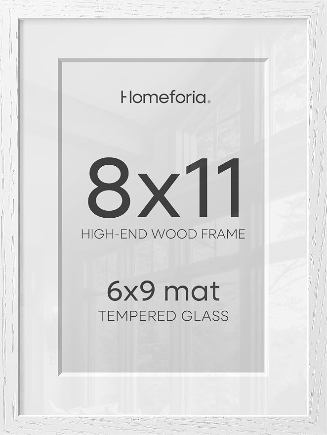 Homeforia 8x11 Picture Frame White, High End Oak 8 x 11 Wood Frames with Mat 6 by 9 Print, 8by11 Wooden Frame Matted to 6x9 inch Photo, 11x8 Wall or Tabletop Frames, Tempered Glass, Wall Kit, Set of 2
