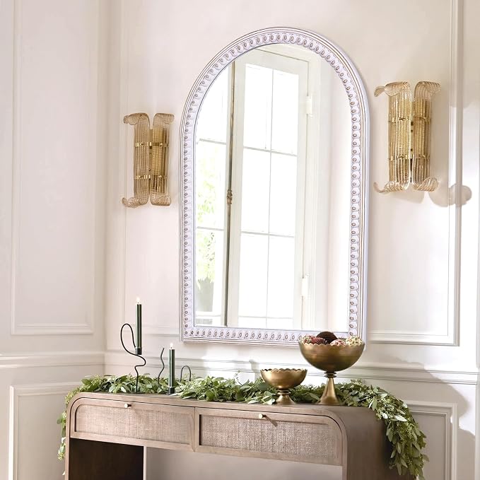 36x24 Inch Arched Mirror for Wall Decor, Wooden Arched Bathroom Mirrors | Subtle Bead Look Border Brings Boho Warmth to Powder Rooms, Bedrooms, Living Areas, Apartments, Entryway, and Cozy Halls