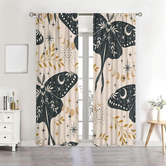 Witchy Curtains, Goth Curtains, Moth Decor, Star Curtains, Moth Curtains Darkening Curtains Botanical Curtains for Bedroom Living Room W72xL63 Inch