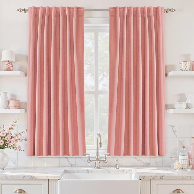 UHITECH Short Blackout Curtains 54 Inch Length 2 Panels Set for Bedroom Blush Pink Linen Textured Thermal 100% Black Out Curtains for Living Room with Back Tab Rod Pocket Track System