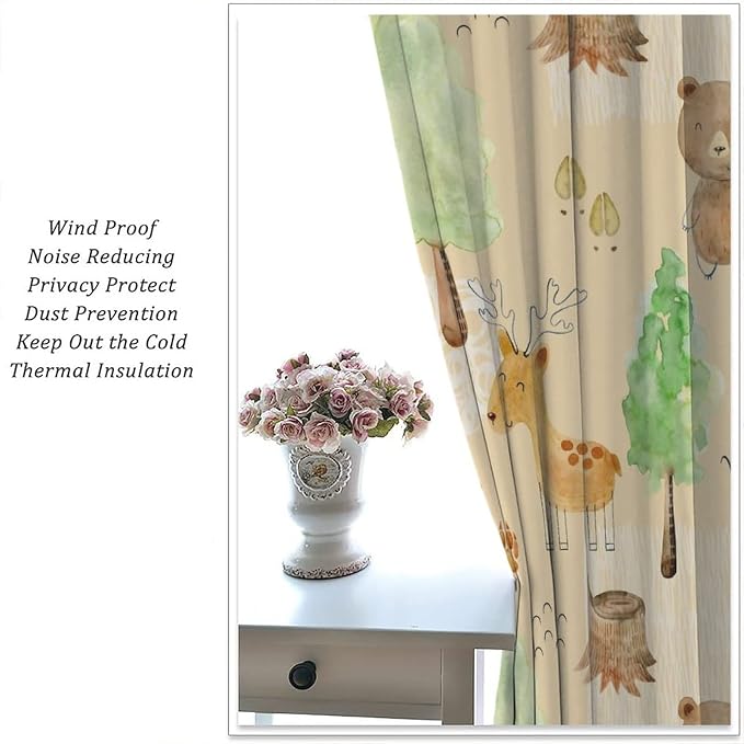 Rustic Animal Curtains, Wild Forest Animal Bear Fox Deer Kids Window Treatments for Living Room Bedroom, Farmhouse Woodland Blackout Drapes 2 Panel Sets, 72x63 Inch