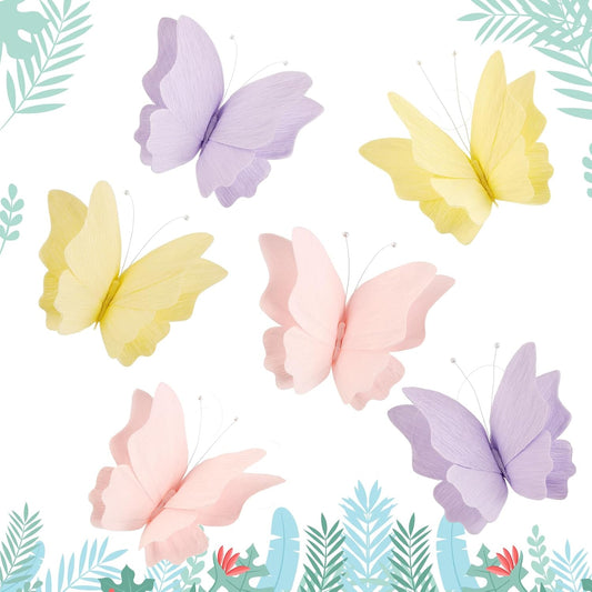 SUNBEAUTY Butterfly Party Decorations Hanging Butterfly Decorations 6Pcs Crepe Paper Garden 3D Butterflies Decor Pastel Paper Butterflies Decoration for Wedding Baby Shower Birthday Party Room Decor
