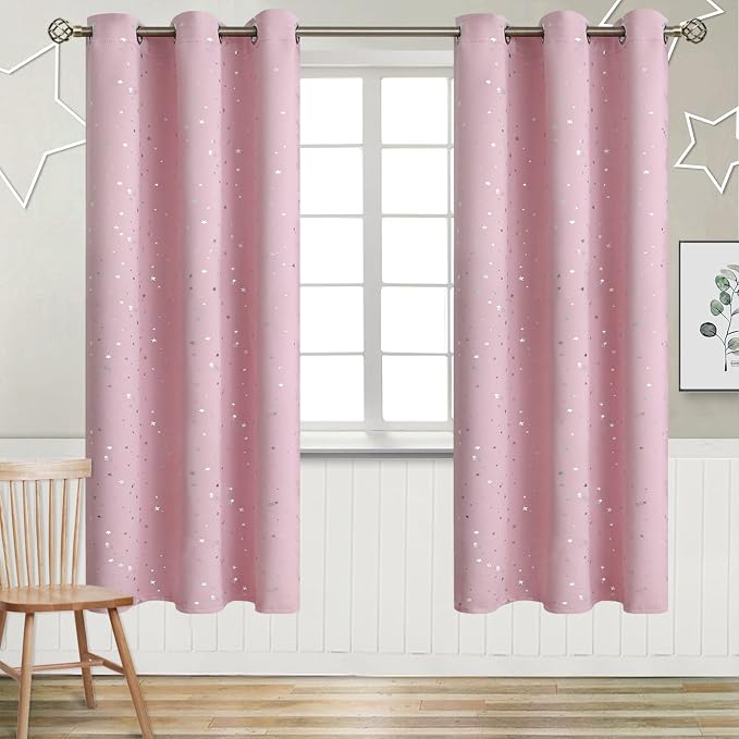 BGment Kids Blackout Curtains for Bedroom - Grommet Thermal Insulated Silver Star Print Room Darkening Curtains for Kids Room, Set of 2 Panels, 42 x 72 Inch, Baby Pink