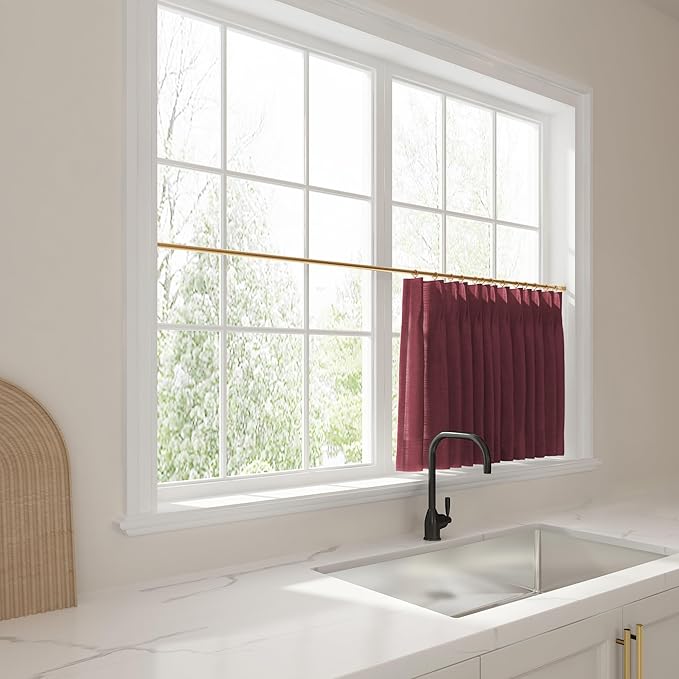 TWOPAGES 34" W x 30" L Linen Blend Cafe Curtains for Kitchen Window, Light Filtering Pinch Pleated Tier Curtains, Modern Farmhouse Half Window Curtains for Small Window, Red Wine, 2 Panels